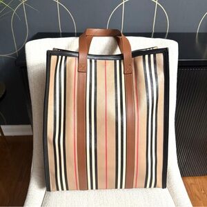 Authentic Burberry Icon Stripe E-Canvas Portrait Tote bag